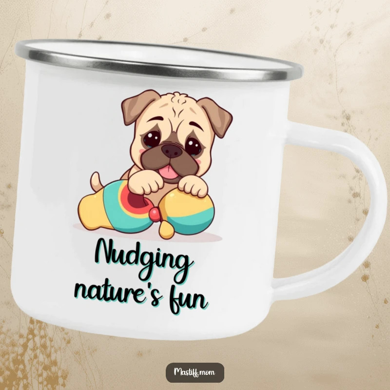 Funny Kawaii Mastiff Puppy Camping Mug with a cute dog playfully nudging a toy, ideal for outdoor drinks.