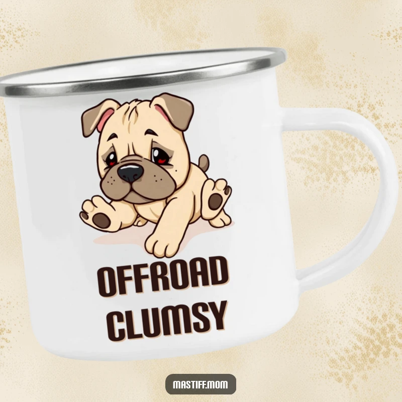 Funny Kawaii Mastiff Puppy Camping Mug with a cute, clumsy dog tripping, ideal for outdoor beverages.