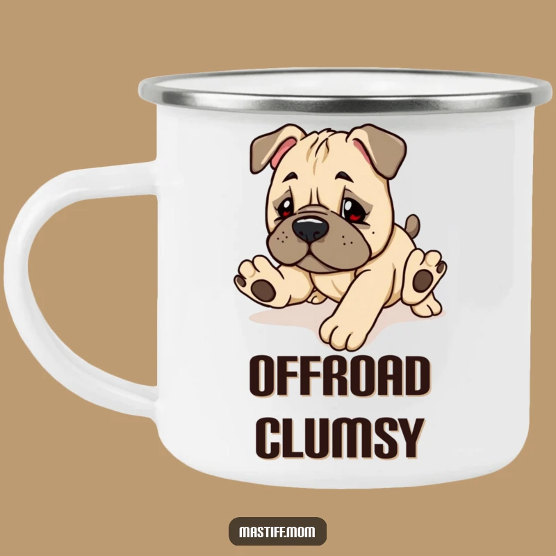 Adventure Ready Funny Kawaii Mastiff Camping Mug: Clumsy Pup Outdoors