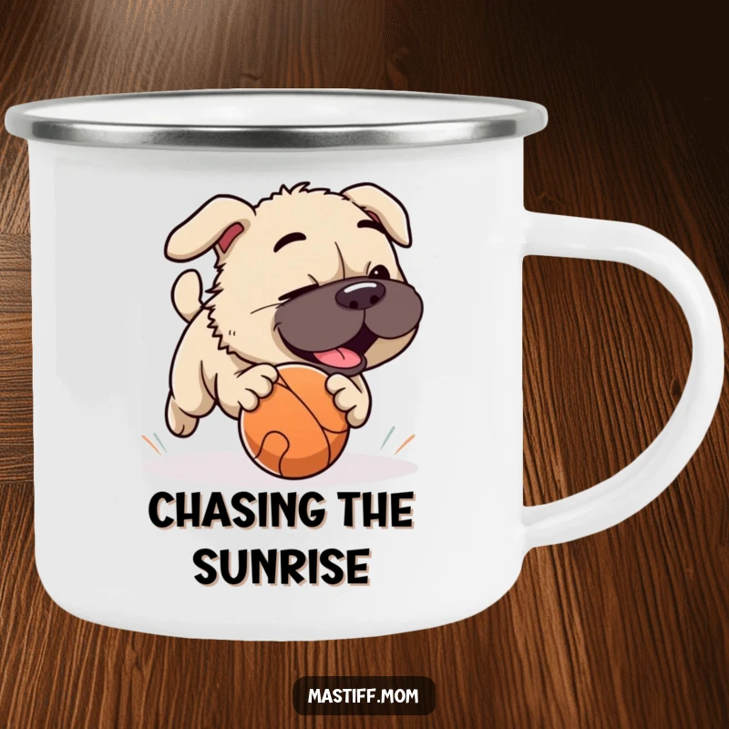 Funny Mastiff dog playfully chasing a rolling ball, designed for outdoor use on a metal camping mug.