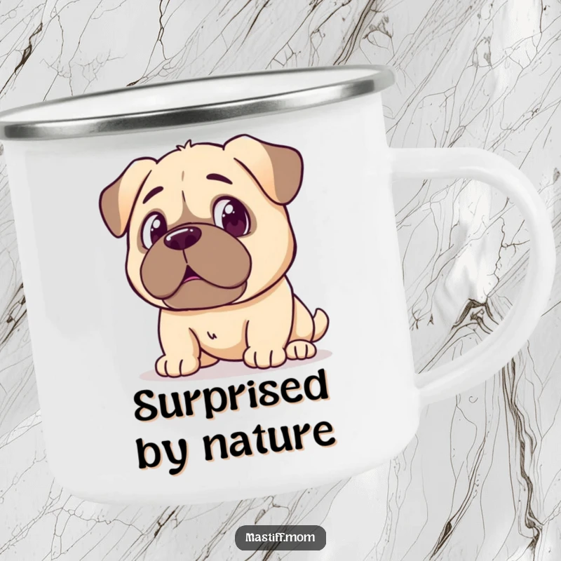 Funny Kawaii Mastiff Camping Mug, durable and humorous, depicts a Mastiff with a surprised expression at its reflection. A funny gift for adventurers.