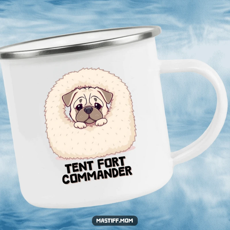 Funny Kawaii Mastiff camping mug depicting a curious dog peeking from behind a huge, fluffy blanket, perfect for outdoor enjoyment.