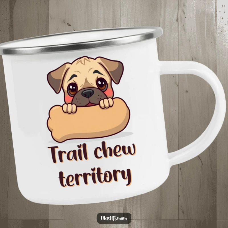 Funny Kawaii Mastiff Puppy Camping Mug featuring a cute dog peeking from behind a large chew toy, ready for outdoor fun.
