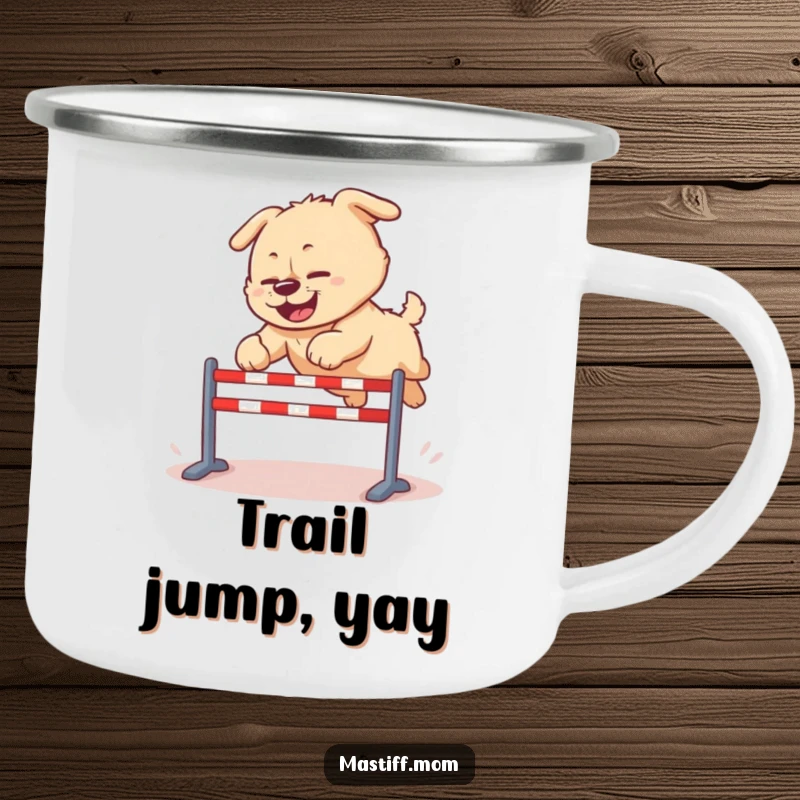 Funny Kawaii Mastiff camping mug, depicting a dog mid-clumsy leap over a hurdle, perfect for active and spirited outdoor use.