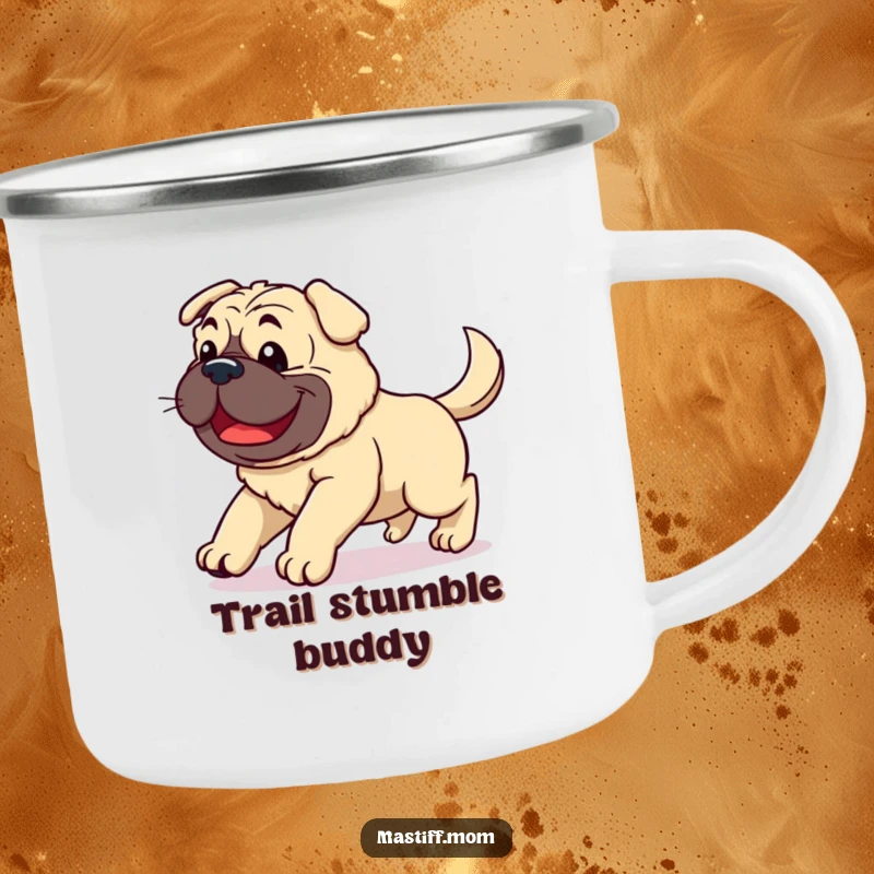 Funny Kawaii Mastiff camping mug depicting a clumsy joyful dog stumbling with a happy wagging tail, perfect for outdoor enjoyment.