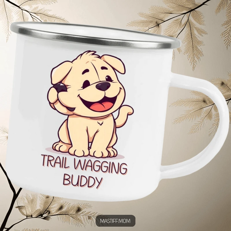 Funny, enamel camping mug with a smiling kawaii Mastiff wagging its tail with immense, joyful power, perfect for outdoor adventures.