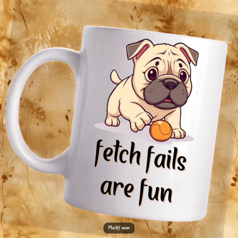 Funny Kawaii Mastiff Mug, earnestly attempting to fetch a tiny ball, showcasing gentle giant humor. A hilarious and relatable gift for dog lovers.