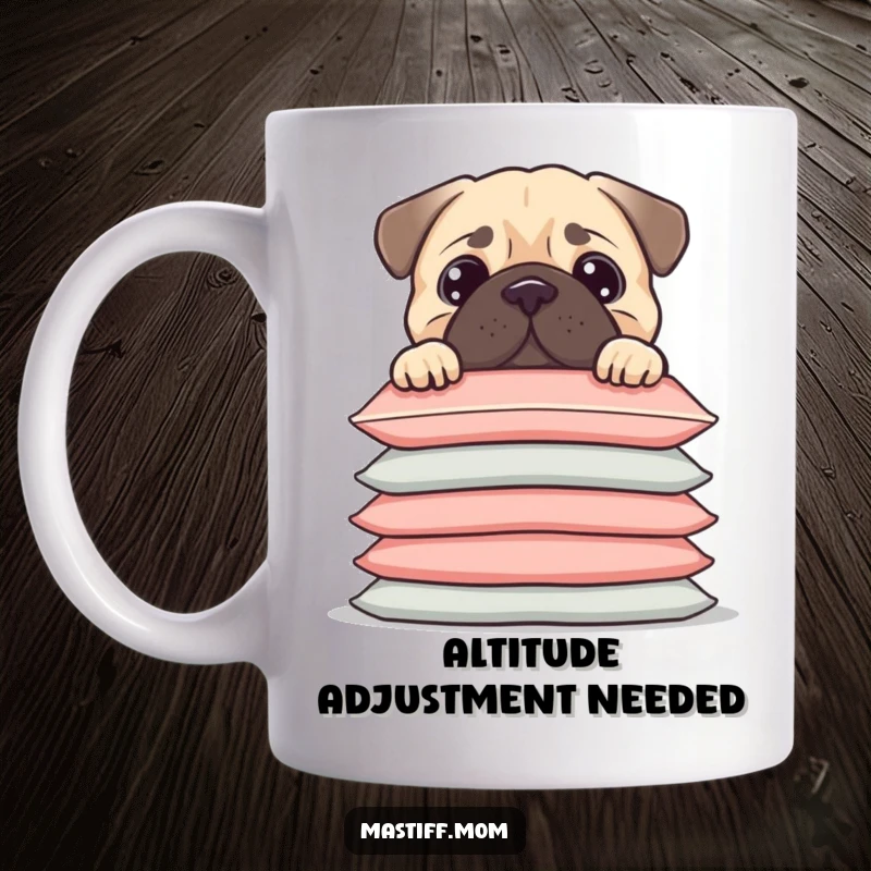 Funny Kawaii Mastiff puppy peeking over a tall stack of cushions, looking curious, a funny mug.