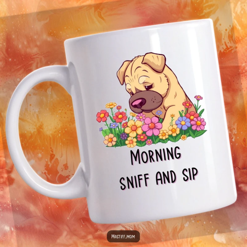 Funny Kawaii Mastiff Mug: Adorable dog curiously sniffing a vibrant patch of colorful flowers, bringing joy and humor.