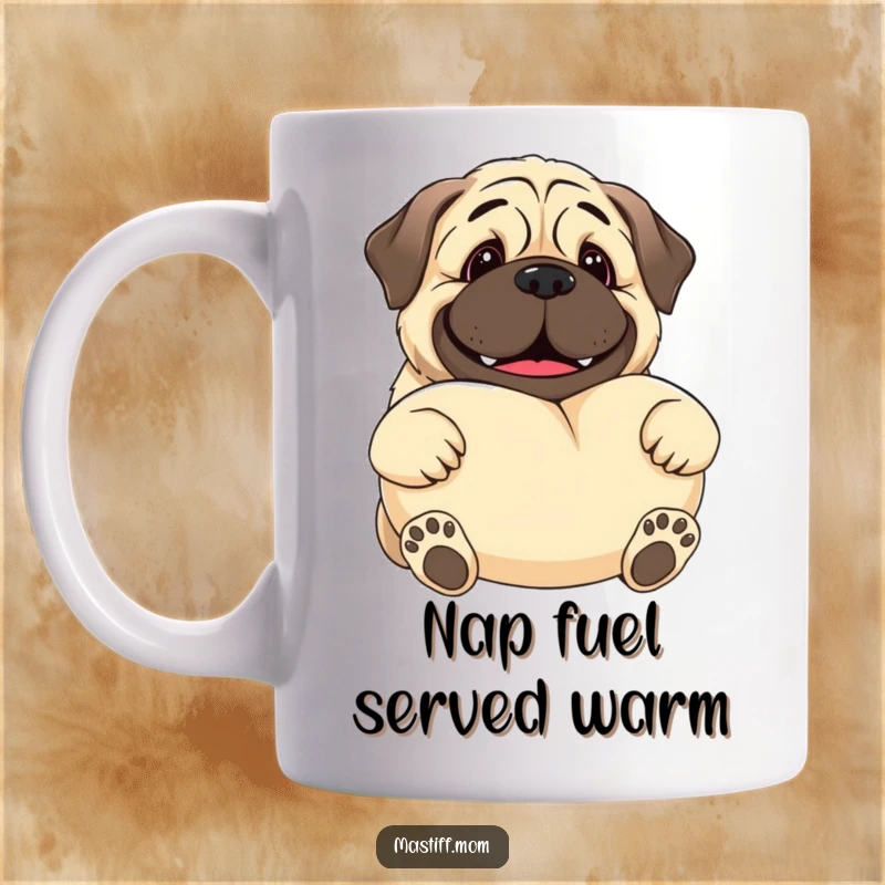 Funny Kawaii Mastiff mug with a gentle giant smile, offering a comically oversized, soft pillow, radiating warmth and comfort.