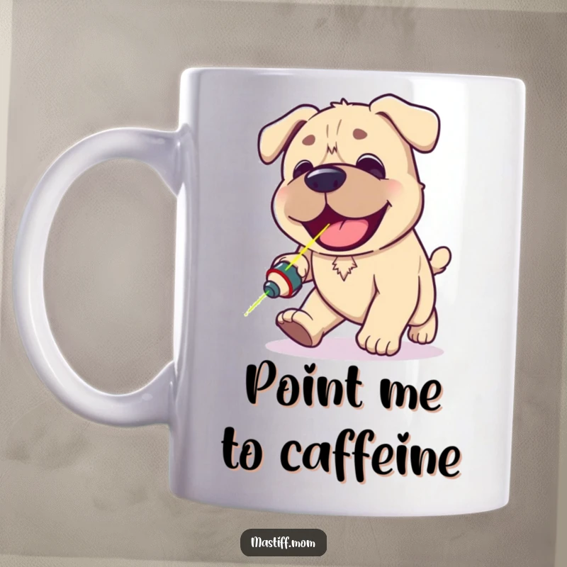 Funny Kawaii Mastiff mug showing a happy, panting dog adorably chasing a mysterious red laser pointer dot across the floor.
