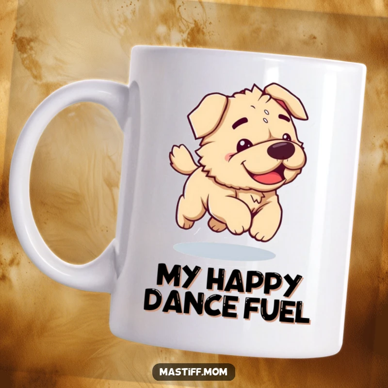 Funny Kawaii Mastiff mug featuring a clumsy dog bounding forward with pure joy, showcasing adorable and humorous doggy excitement.