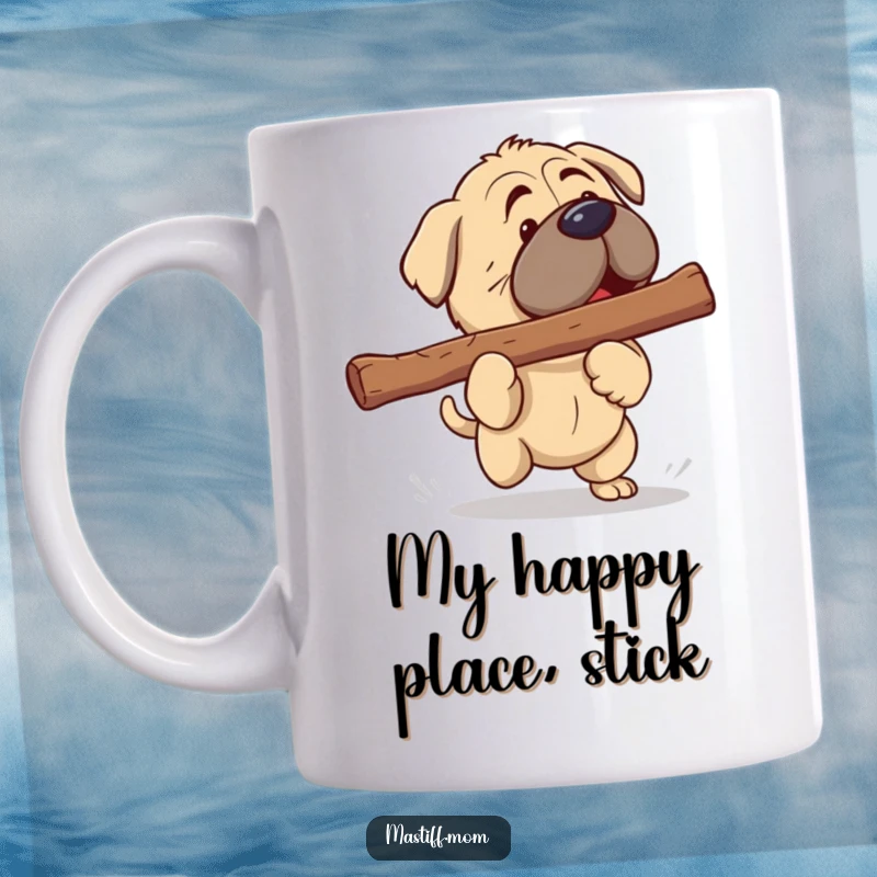 Funny Mastiff Mug: Adorable kawaii dog joyfully plays fetch with an oversized stick, its happy rumble palpable.