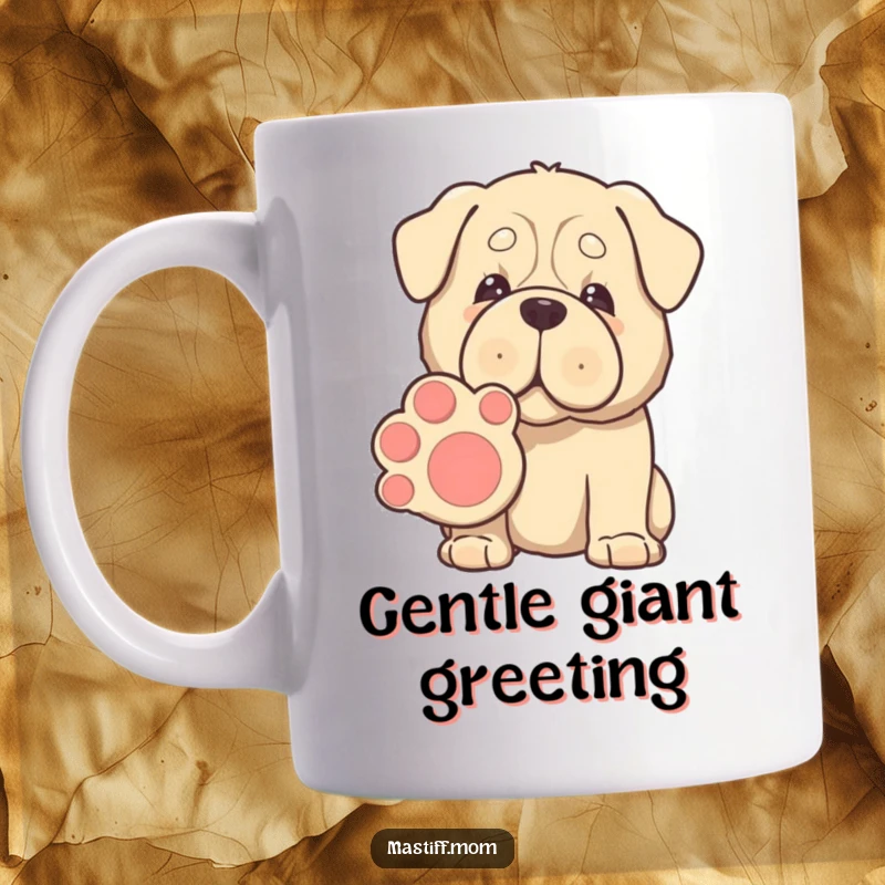 Funny Kawaii Mastiff mug, gentle eyes, offering a giant paw for shaking, representing friendly giant dog humor and affection.