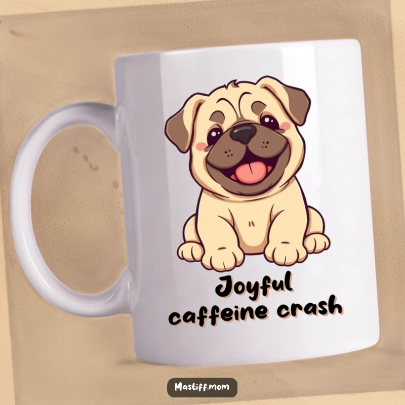 Funny Kawaii Mastiff Puppy Mug depicting a happy puppy dramatically flopping over with sheer exhilaration.