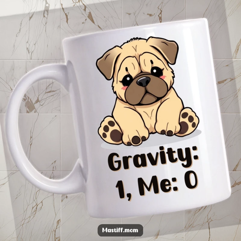 Funny Kawaii Mastiff puppy tripping over its own giant paws, looking adorably confused, perfect for a laugh.