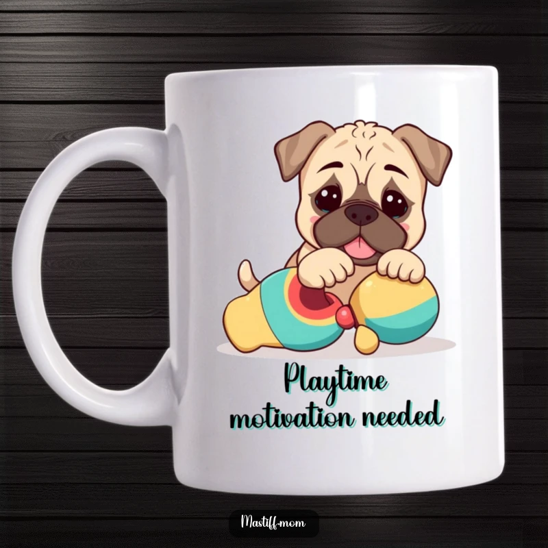 Funny Kawaii Mastiff Puppy Mug depicting a cute dog playfully nudging a toy, showcasing gentle interaction.
