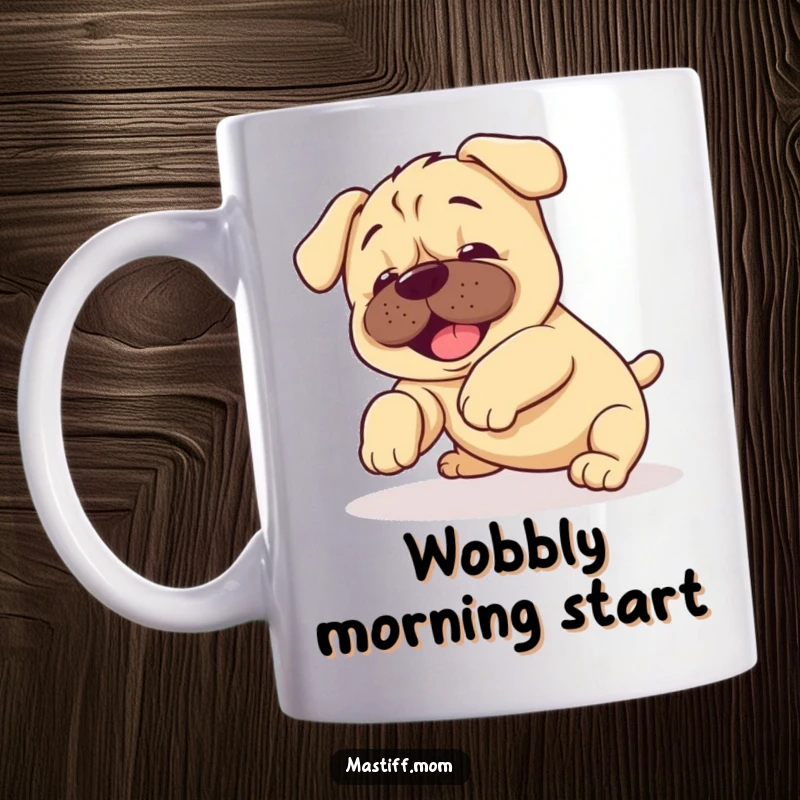 Funny Kawaii Mastiff Puppy Mug showing a sweet puppy mid-tumble, looking joyful and endearingly clumsy.