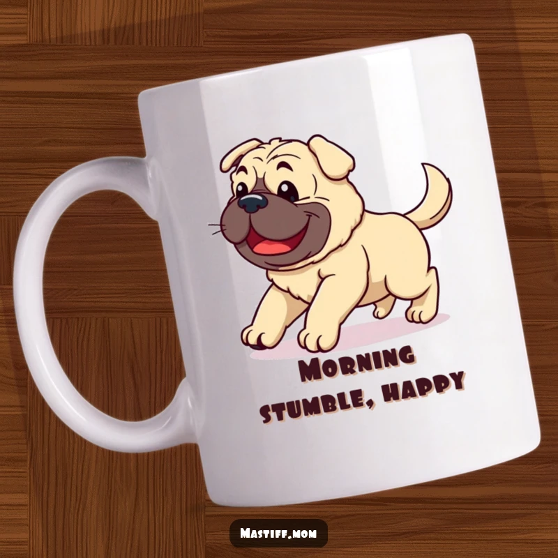 Funny Kawaii Mastiff mug showing a clumsy, joyful dog stumbling with a wildly wagging tail, celebrating imperfections with delight.