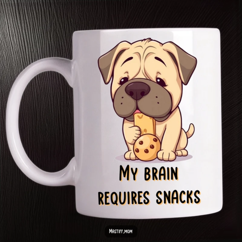 Funny Kawaii Mastiff Mug: A chubby dog concentrating hard, balancing one treat on its snout, looking proud.
