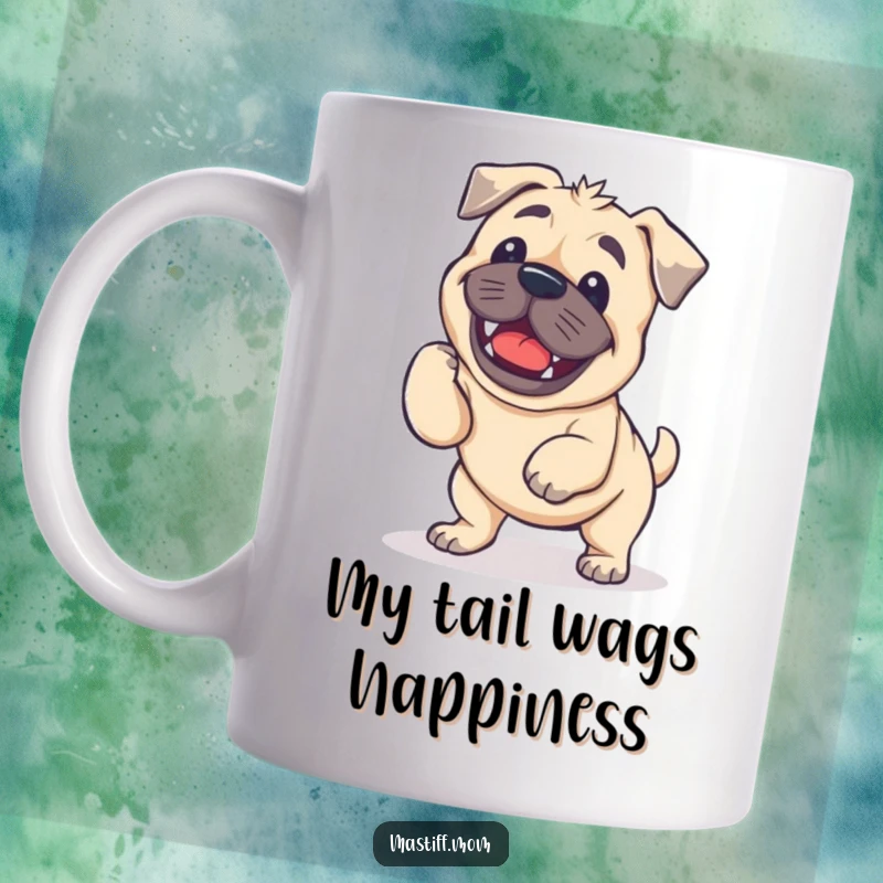 Funny Kawaii Mastiff Mug featuring a clumsy dog performing a joyful, wobbly wiggle, perfect for dog enthusiasts.