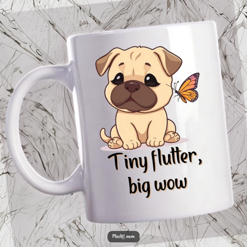 Funny Mastiff Mug showing a giant dog looking utterly amazed and surprised by a delicate, tiny butterfly fluttering nearby.