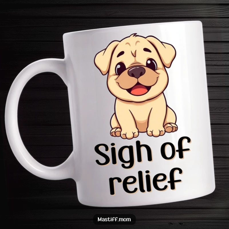 Funny stylized Mastiff mug, smiling and letting out a gentle, happy sigh of contentment.