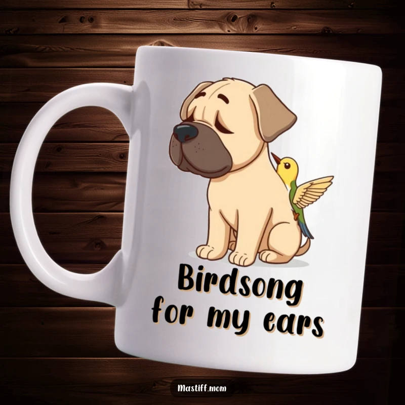 Funny Mastiff Listening Bird Mug: A gentle giant dog tilting its head, intently focused on a tiny bird's song.