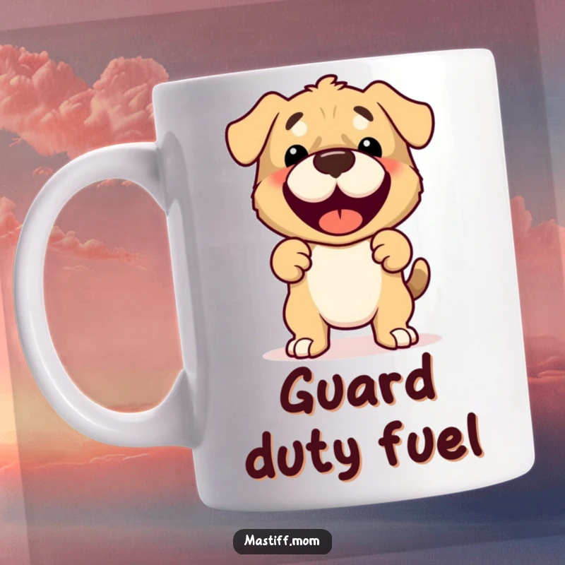 Funny Mastiff Mug featuring a cute, joyful, and protective Mastiff character in a loving stance.