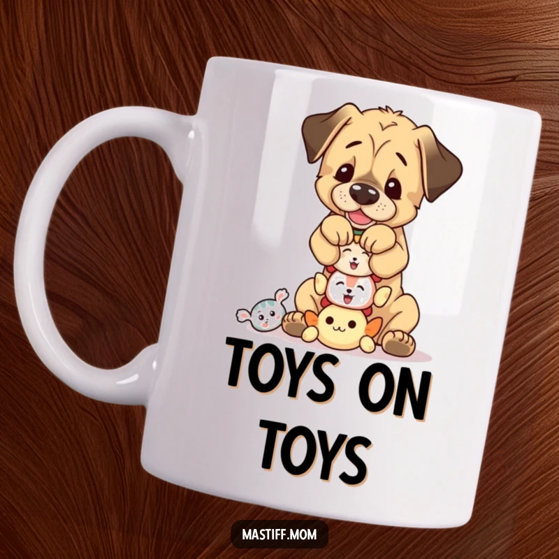 Funny, playful Mastiff cub precariously balancing a tall stack of tiny, colorful squeaky toys on its nose.