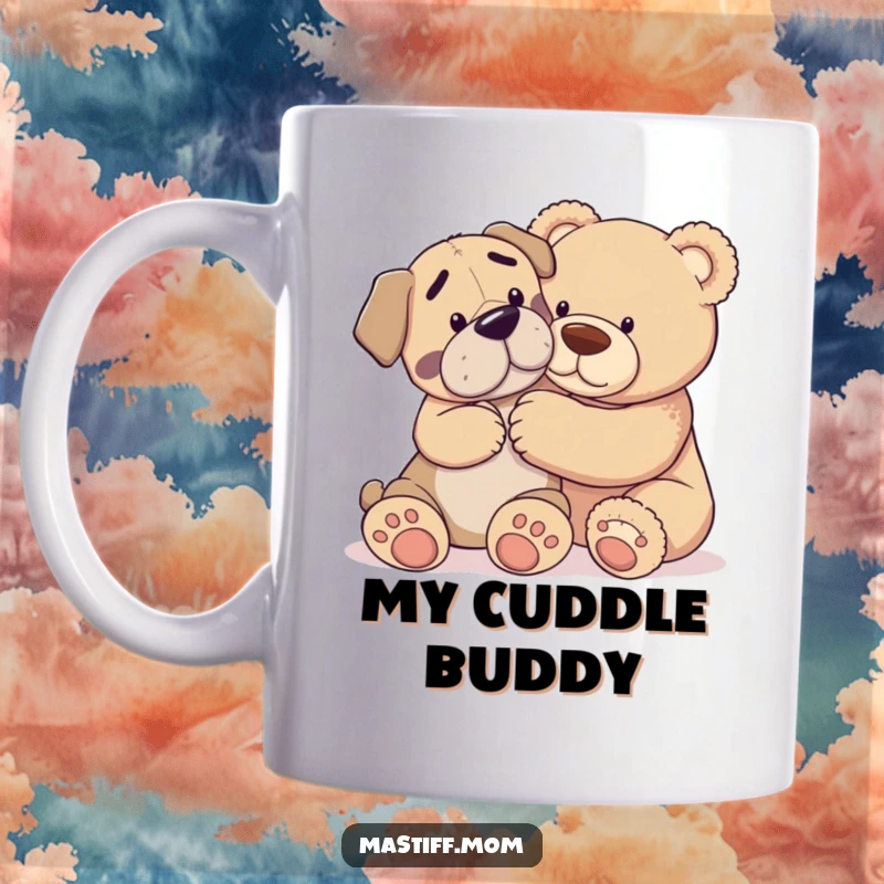 Funny mug showing a large Mastiff dog playfully nudging a giant teddy bear, illustrating gentle strength and affection.