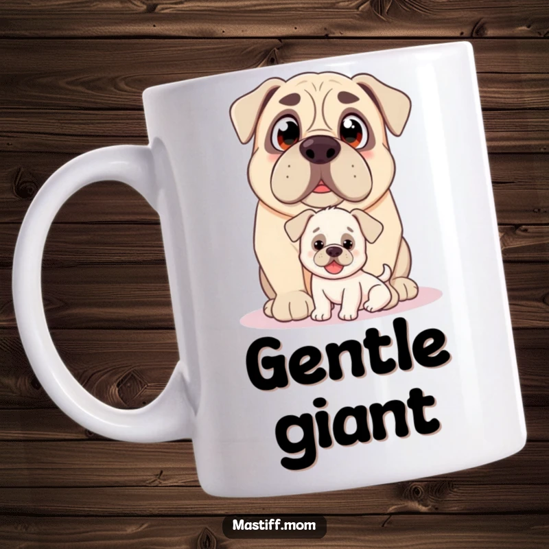 Funny Kawaii Mastiff mug, with loving eyes, nudging a small, happy puppy with gentle affection.