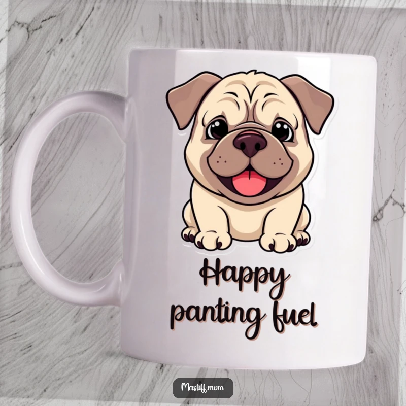 Funny Kawaii Mastiff Mug, beaming with a droopy smile and happy pant, conveying pure contentment. A heartwarming and humorous gift for dog enthusiasts.