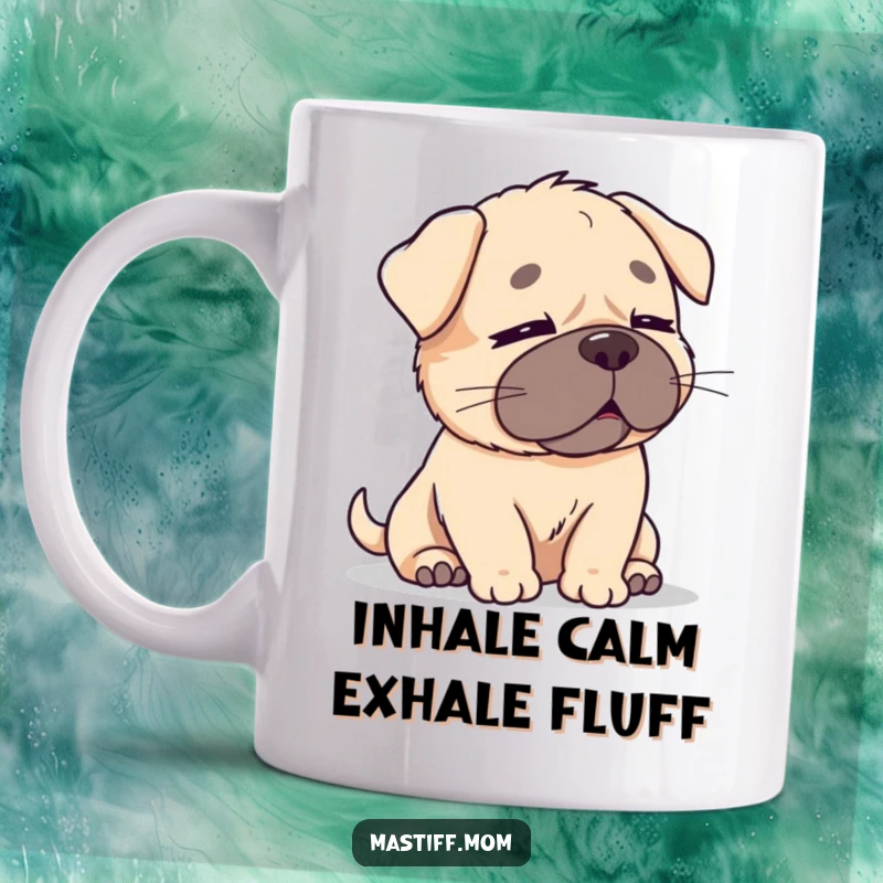 Funny Kawaii Mastiff Mug: A content, plump dog with eyes closed, ears relaxed, enjoying a gentle breeze, radiating peace.