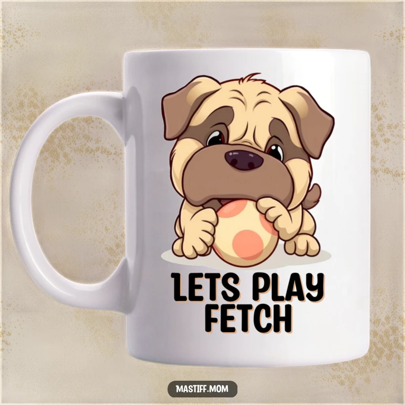 Funny large Mastiff character mug playfully nudging a bouncy ball, embodying pure canine joy and a love for games.