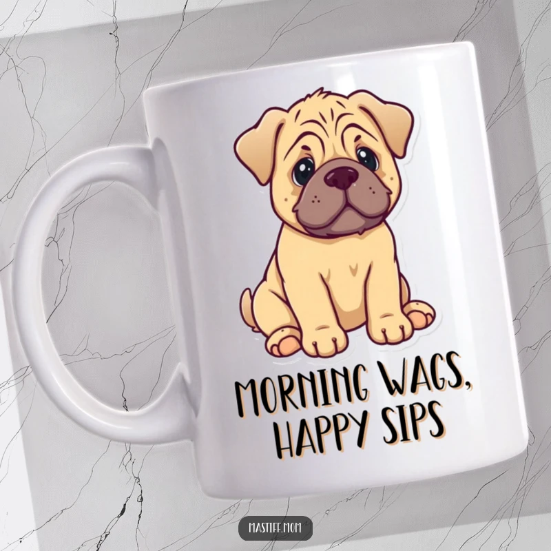 Funny Mastiff Puppy Mug: A cute kawaii dog sitting contently, its tail wagging with gentle happiness.