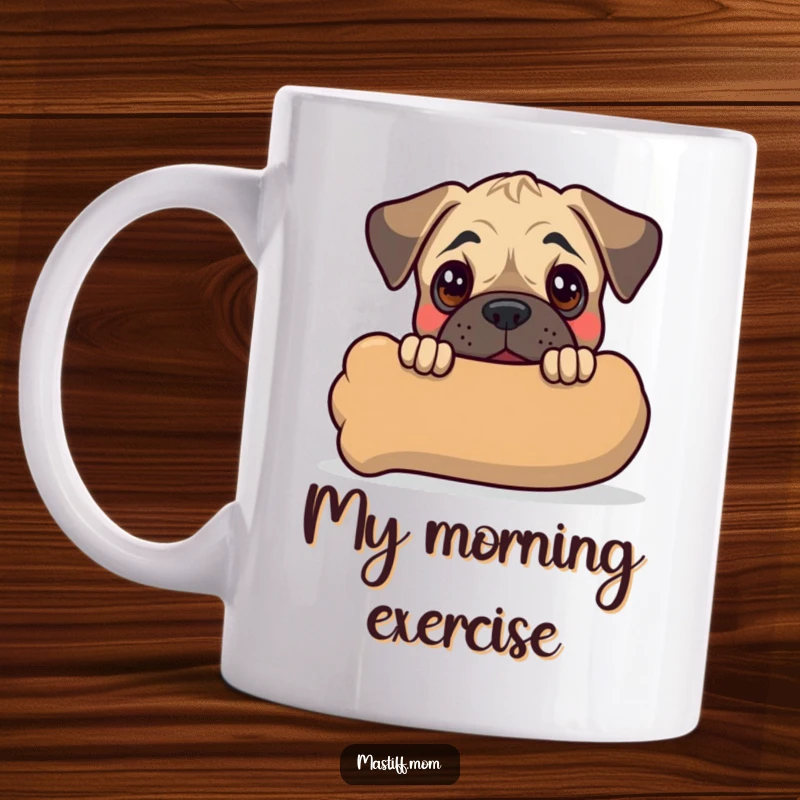 Funny Mastiff Puppy Mug featuring a kawaii dog peeking playfully from behind a huge chew toy, full of happiness and mischief.