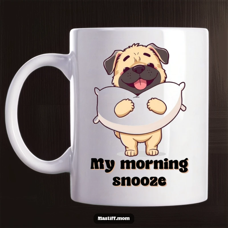 Funny Mastiff mug featuring a happy dog carrying a large, soft pillow, radiating comfort and joy.