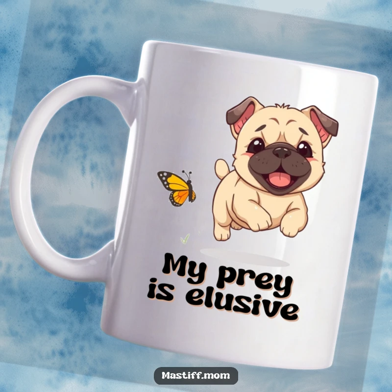 Funny Kawaii Mastiff puppy joyfully chasing a comically small butterfly with a happy expression, perfect funny gift.