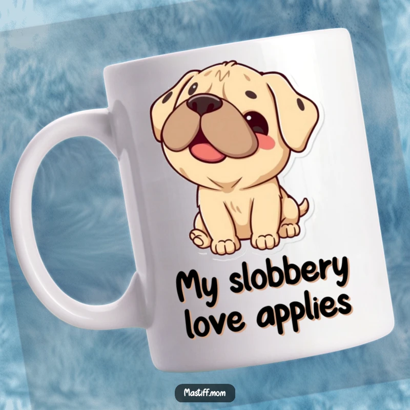 Funny Mastiff Mug featuring a cute Kawaii dog giving a happy lick with a tongue out, perfect for dog moms and dads.