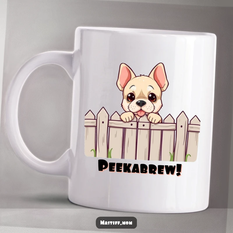 Funny Mastiff character mug playfully peeking over a comically low fence, embodying curiosity and a love for adventure.