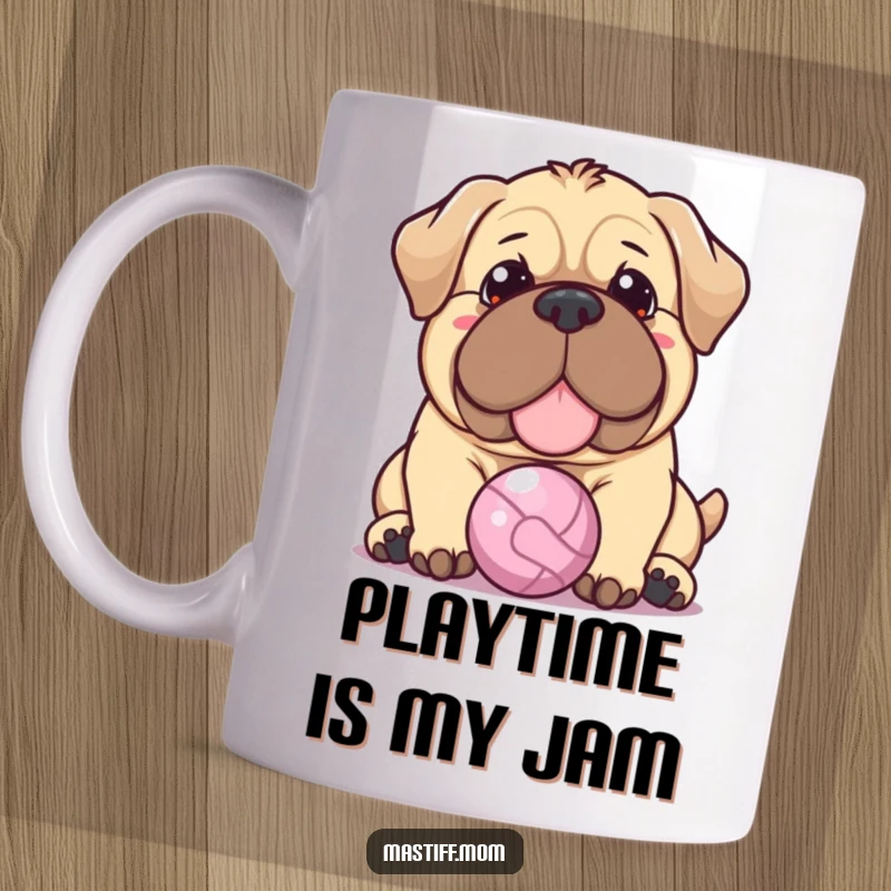 Funny Kawaii Mastiff mug showing a warm-expression dog gently nudging a tiny ball with its nose, conveying sweetness and playful affection.