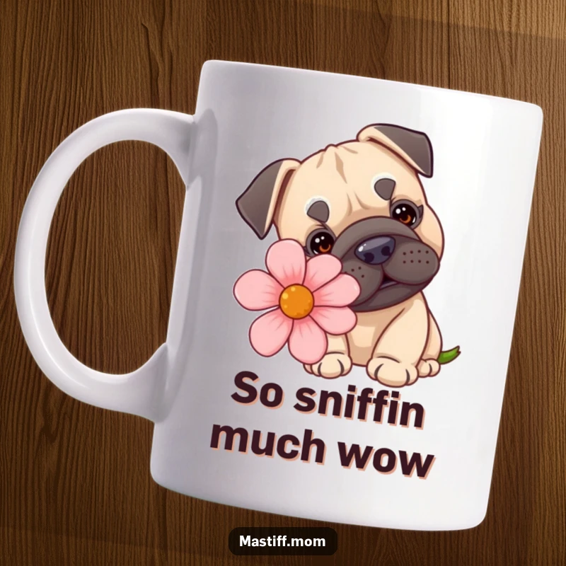 Funny Kawaii Mastiff mug sniffing a comically massive flower with a look of pure, bewildered delight, perfect for dog lovers.