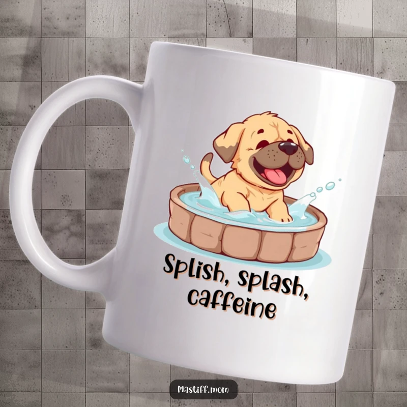 Funny Mastiff cub mug showing a gleeful puppy giggling and splashing energetically in a shallow dog pool.