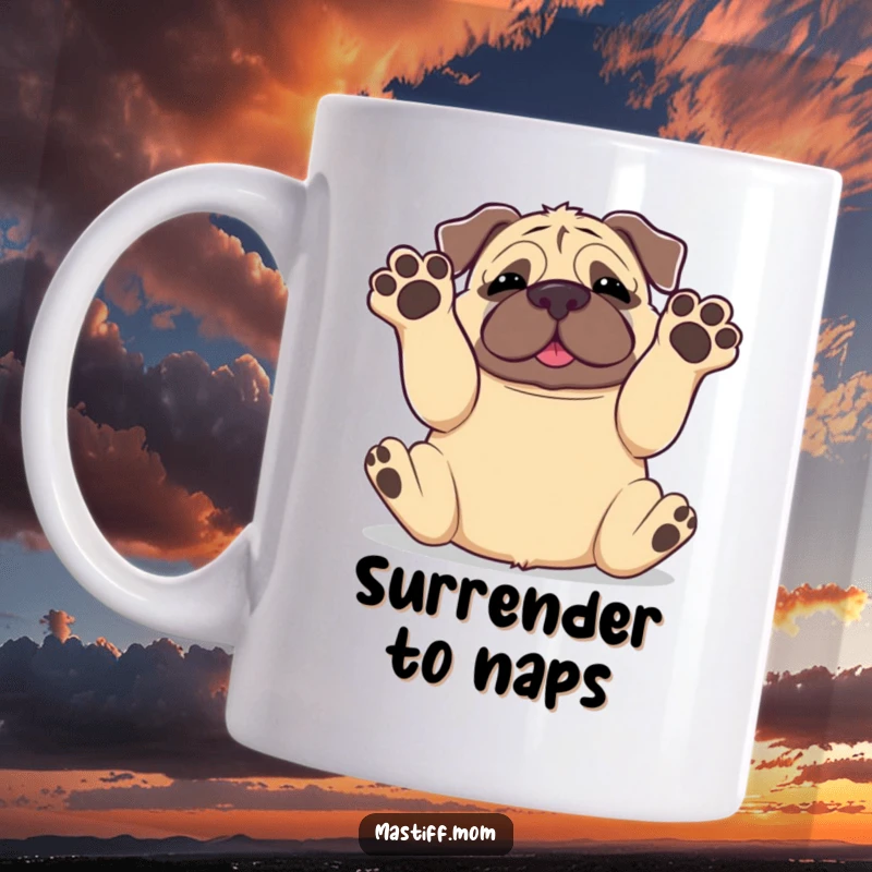 Funny Kawaii Mastiff Rolling Onto Back Paws in Air Mug, cute dog art, happy puppy, humorous gift for dog owners.