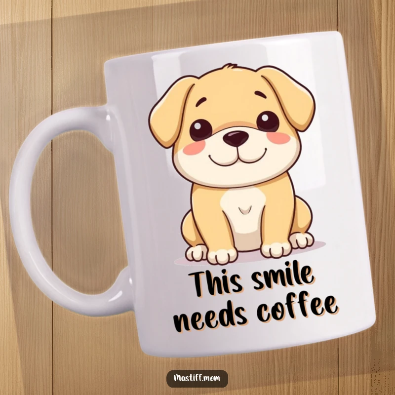 Funny mug featuring a large, incredibly gentle dog with a serene, soft, and heartwarming smile, radiating kindness.