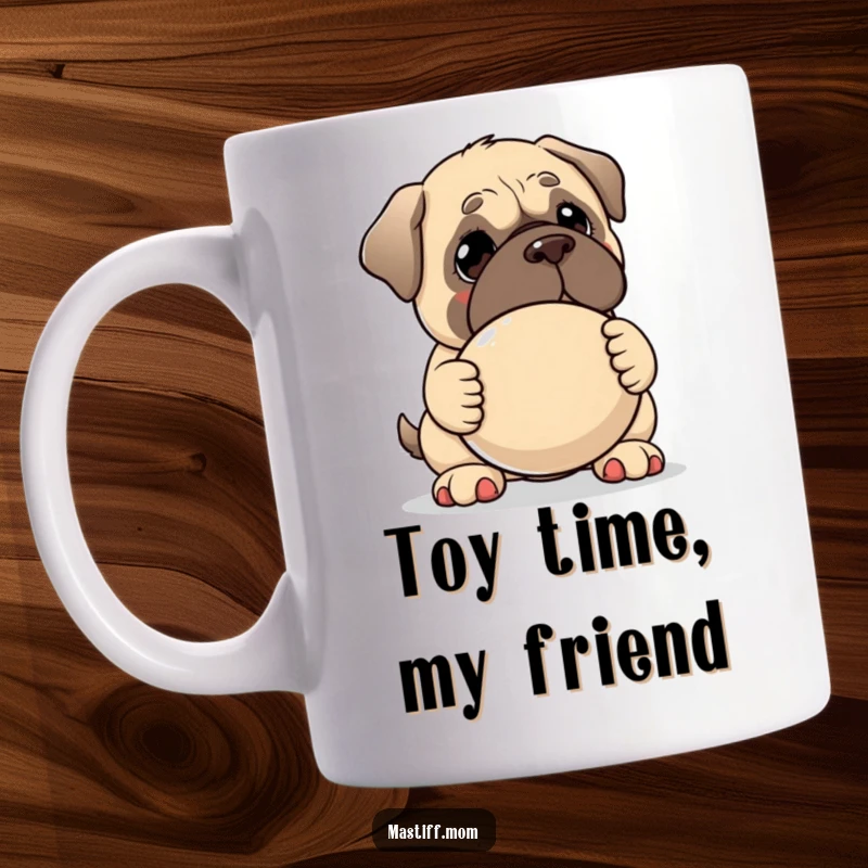 Funny Kawaii Mastiff mug, with a gentle gaze, kindly offering a comically large squeaky toy, radiating warmth and playfulness.