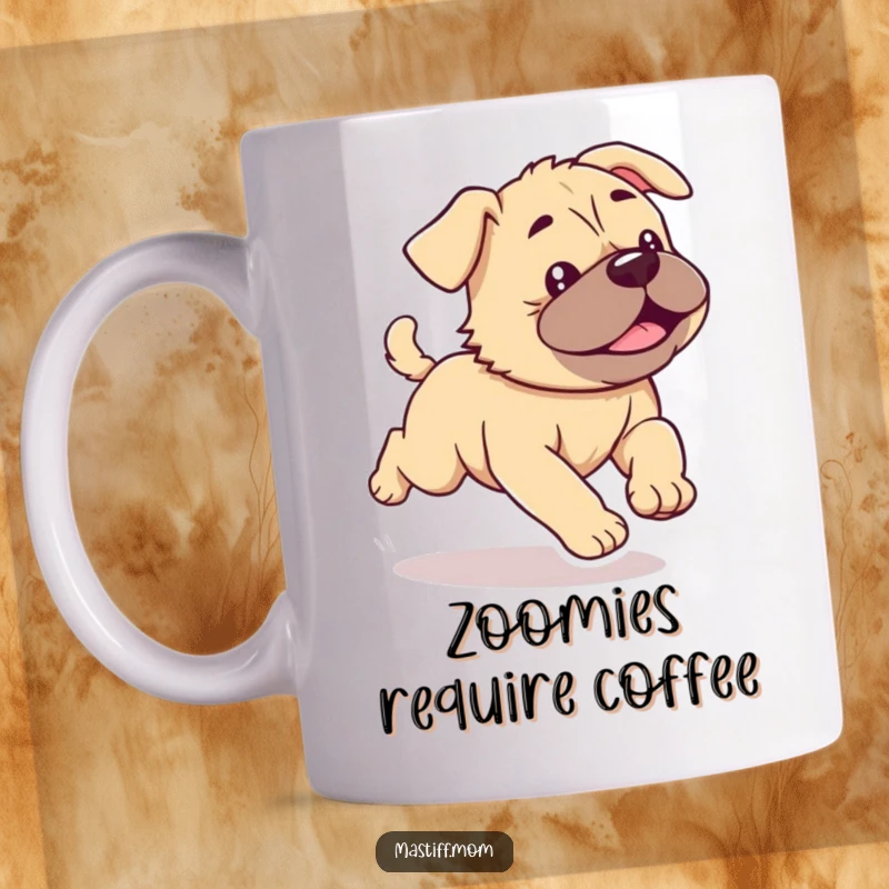Funny Kawaii Mastiff Puppy Mug depicting a cute dog running with enthusiastic wiggles, radiating joy.