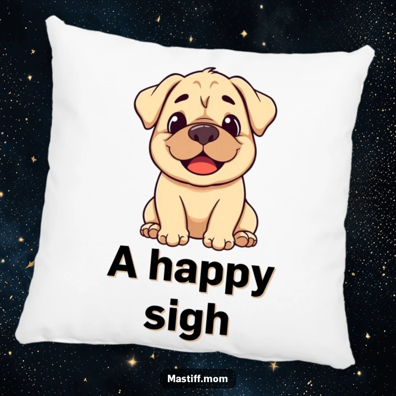 Funny stylized Mastiff pillow with a smiling dog letting out a gentle, happy sigh.