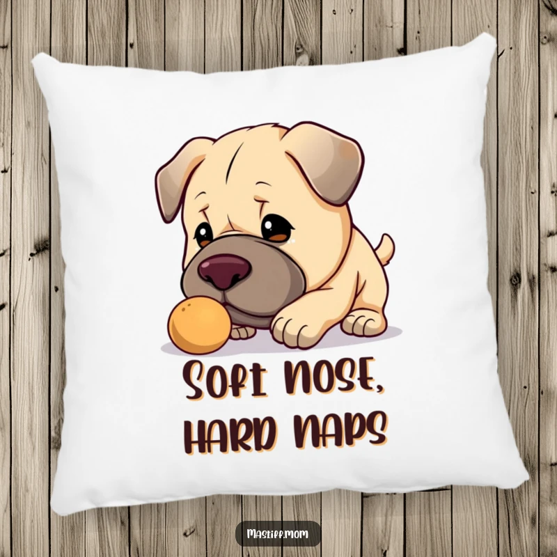 Funny Kawaii Mastiff pillow, a soft cushion with a cute big dog gently nudging a small object, perfect for lounging.